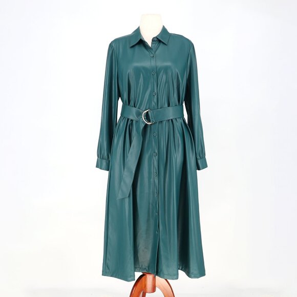 NWT CHICO'S Faux Leather Shirt Midi Dress in Deep Woods Green Size 2.5 (US 14) - Picture 3 of 10